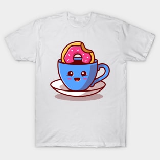 Cute Hot Coffee With Doughnut Cartoon T-Shirt